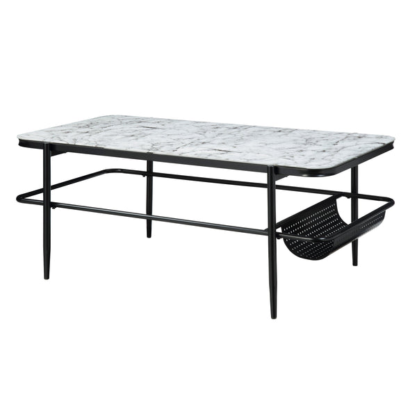 English Elm 3pc Martine Occasional Table Set with Marble Print Tempered Fluted Glass Tops & Black Metal Base, Modern Storage B011P298386