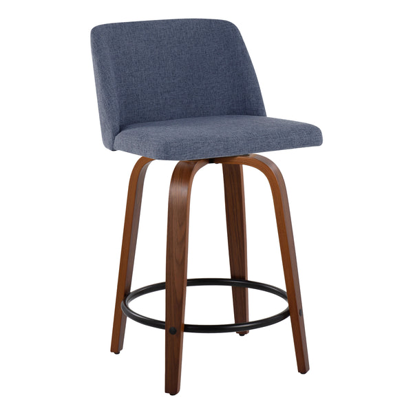 English Elm Toriano Mid-Century Counter Stool Set of 2 — 24" Fixed-Height Swivel Upholstered Seat, Walnut Finish Blue B202S00094