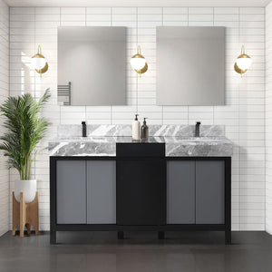 English Elm Black Double Bath Vanity With Castle Grey Marble Top & Gun Metal Faucet - Stylish Storage Solution B2731P261106