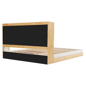 English Elm Mid-century Queen Platform Bed Curved Waterfall Headboard Natural Wood Beige Upholstered N769Q354925W