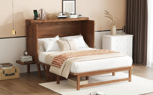 English Elm Full Size Pine Cabinet Murphy Bed with Usb Charging Side Shelves for Guest Rooms W504S00221