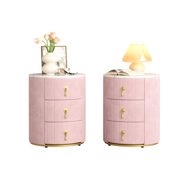 English Elm 2 Upholstered Nightstand Set with 3 Drawers, Round Velvet Bedside Table, Marble Top & Metal Handles Pink 24 L x 19.5 W x 18.89 H N733S272609H