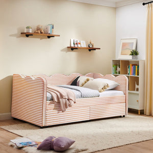 English Elm Twin Gingham Linen Daybed with Wave Silhouette Usb Port and Dual Storage Drawers Pink W1413S00142