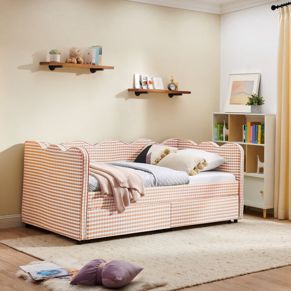 English Elm Twin Gingham Linen Daybed with Wave Silhouette Usb Port and Dual Storage Drawers Pink W1413S00142