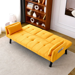 English Elm 70-inch Foldable Cotton Linen Sofa Bed with Cup Holder & Side Storage, Space-Saving 2-Seater Design Yellow W3371P337202