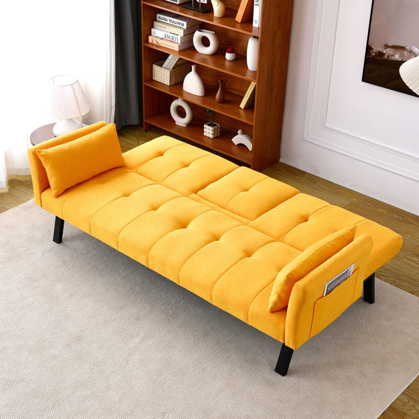 English Elm 70-inch Foldable Cotton Linen Sofa Bed with Cup Holder & Side Storage, Space-Saving 2-Seater Design Yellow W3371P337202