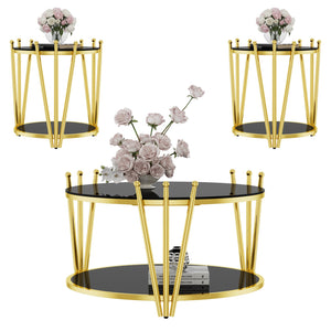 English Elm 31.5inch Modern Luxury Gold Coffee Table with Two-Tier Storage, Tempered Glass Top, Elegant Crown Design Black W1550P171454