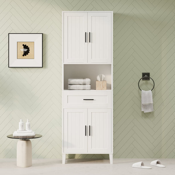 English Elm 70.9" High Freestanding Tall Bathroom Cabinet with Soft-Close Doors, Drawer & Adjustable Shelves for Organized Living White N729P272001K
