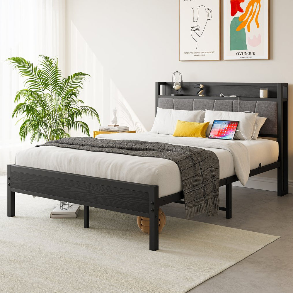 English Elm Full Size Bed Frame with Storage Headboard & Charging Station, Upholstered Gray Cotton Flax, 400lb Stable Platform W840P179122
