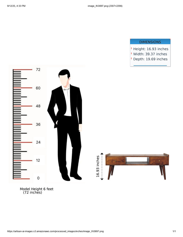 English Elm Elevated Chestnut Media Unit Solid Mango Wood, 2 Drawers + Open Slot, Nordic Legs, Handcrafted Chic B182P316465