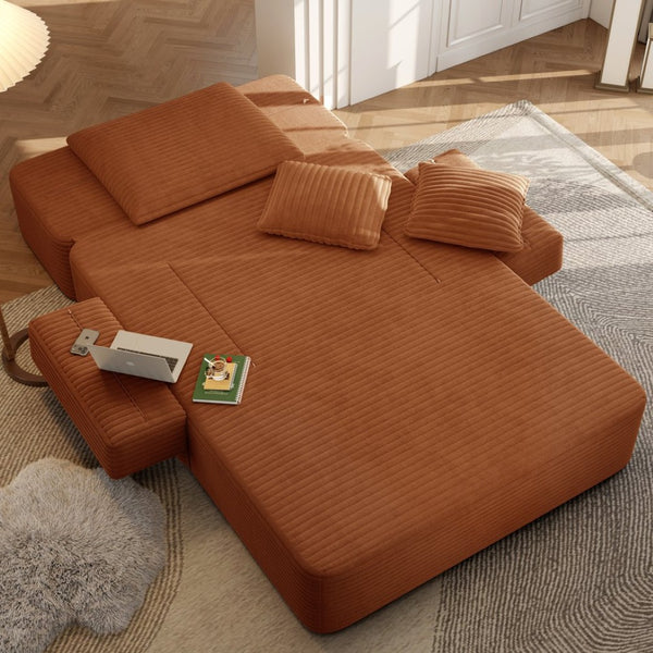 English Elm Luxurious Corduroy Convertible Chaise Lounge Sofa Bed with Storage and Coil Spring Foam Orange W3219P483088