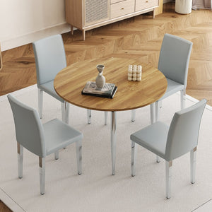 English Elm Table Set Extendable Round to Oval Wood Grain Top with Four Gray Pu Dining Chairs W1151S04833