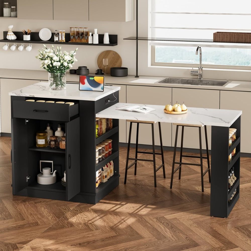 English Elm Extendable Kitchen Island Console with Open Shelving Drawers and Cabinet in Matte Black W1580S00274