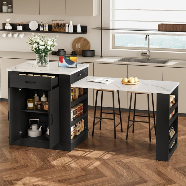 English Elm Extendable Kitchen Island Console with Open Shelving Drawers and Cabinet in Matte Black W1580S00274