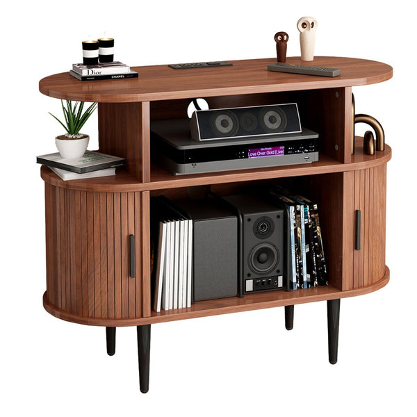 English Elm Large Mid Century Walnut Turntable Stand with Vinyl Storage and Built in Usb Charging W2641P442531