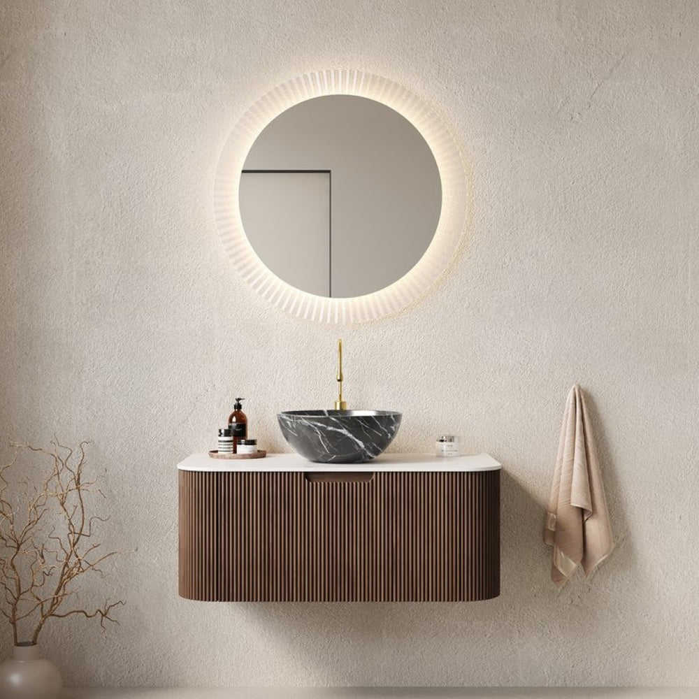 English Elm Dina Floating Bathroom Vanity Sintered Stone Top Glass Basin Striped Plywood Cabinet W2615S00278