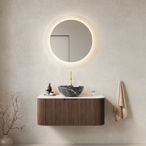 English Elm Dina Floating Bathroom Vanity Sintered Stone Top Glass Basin Striped Plywood Cabinet W2615S00278
