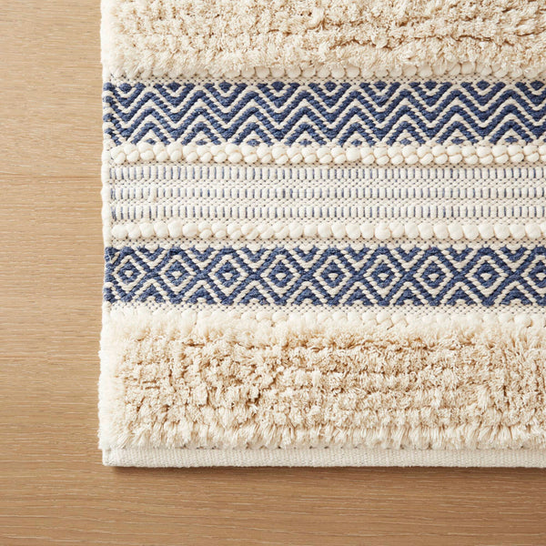 JLA Home INK+IVY - Bath Rug Hand-Woven Shaggy Taupe Geo Stripe Rug with Non-Skid Backing, Machine Washable Boho Chic Navy II72-1358