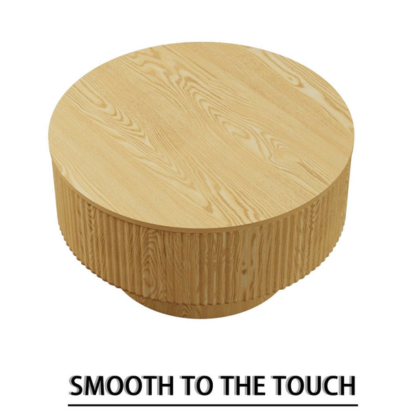 English Elm 29.53 Inch Round Mdf Coffee Table with Grooved Sides and Concealed Storage for Living Rooms W2189P320662
