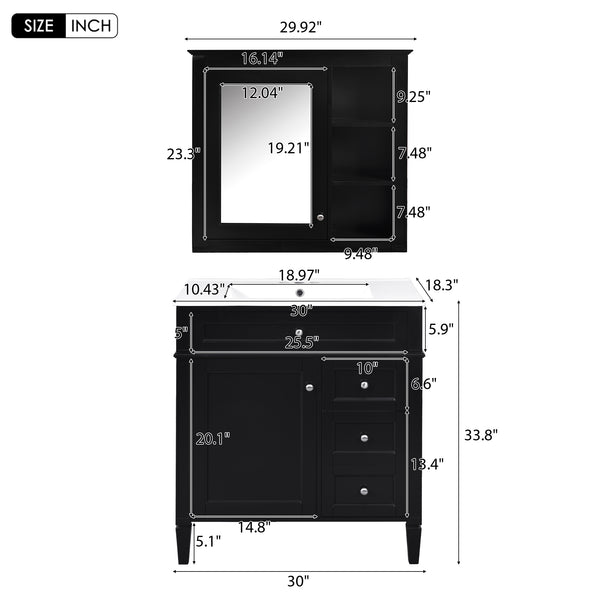 English Elm 30'' Bathroom Vanity Set With Mirror, Modern Freestanding Storage Cabinet & Integrated Sink Design SW000127AAB-1