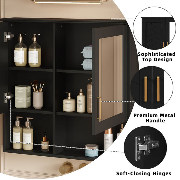English Elm 2-in-1 Matte Wall Mounted Medicine Cabinet Soft Close Mirror Storage for Bathroom Vanity Black N710P389456B