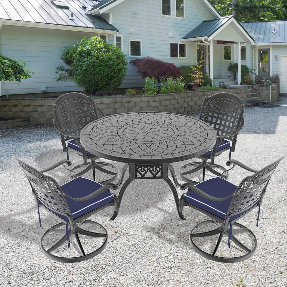 English Elm 5-Piece All-Weather Cast Aluminum Dining Set With Swivel Chairs & Round Table For Stylish Outdoor Fun W1710S00444