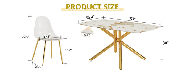 English Elm Table and Chairs Set Glam Marble Glass Top Gold Metal Base Seats Six Dining Room W1151S04616