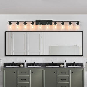 English Elm 10 Light Bathroom Vanity Fixture 65.4in Matte Metal 10-Light Wall Sconce with Clear Glass Shades for Mirror Black W2312P374794