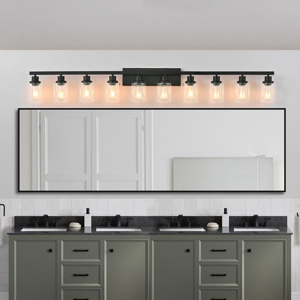 English Elm 10 Light Bathroom Vanity Fixture 65.4in Matte Metal 10-Light Wall Sconce with Clear Glass Shades for Mirror Black W2312P374794