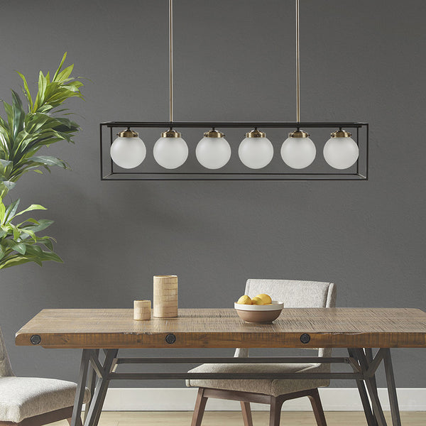 JLA Home INK+IVY - 6-Light Antique Brass Linear Chandelier with 6 Frosted Globe Shades — Industrial Vintage Glow for Dining II150-0122