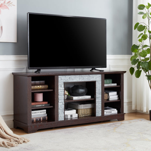 English Elm TV Media Stand Cherry with Faux Stacked Stone Surround, 65" TV Console, Open Storage, Cable Management, Adjustable Shelves W1758P187684