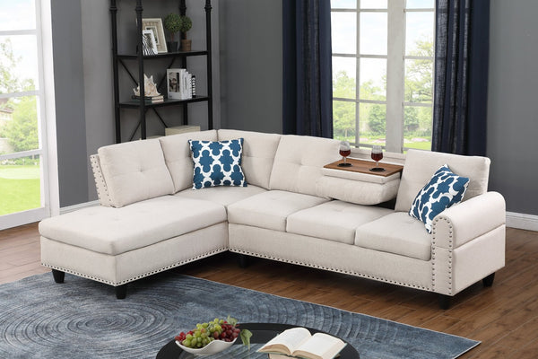 English Elm Black Faux Leather L Shaped Sectional with Cup Holders Nailhead Trim Storage Beige B2730S00031