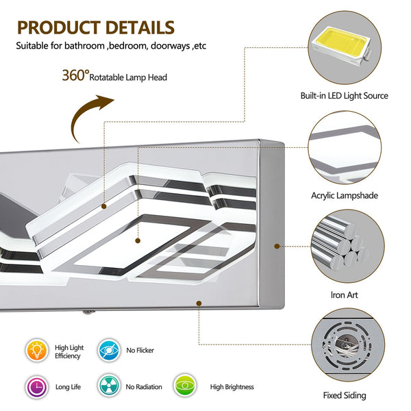 English Elm Modern Dimmable 3-Light LED Vanity Light Chrome Iron Acrylic Over Mirror Bath Wall Sconce LED W2312P374878