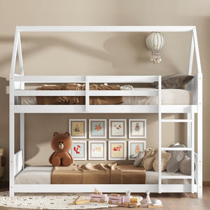 English Elm Twin House-Style Twin Bunk Bed With Safety Guardrails, Ladder & Play Space – White Rubberwood Design W504P227972-GIGA