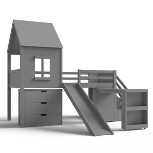 English Elm Full Size Metal Loft Bed with Stair Storage Shelves Bookshelf for Dorms Bedroom W1580S00396