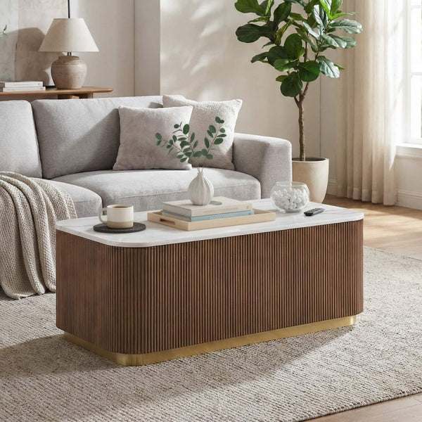 English Elm Brown Reeded Plinth Coffee Table Genuine Marble Top Gold Steel Accents Living Room B2741P476068
