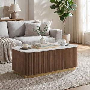 English Elm Living Room 3 Piece Marble Top Coffee and End Table Set with Gold Steel Accents B2741S00907