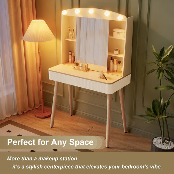 English Elm Small Vanity Desk With Sliding Mirror & Led Lights, Compact Makeup Table With Ample Storage Solutions W3767P360383-GIGA