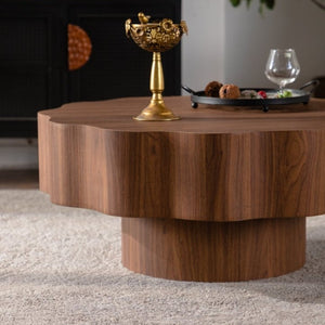 English Elm 31.5" Scalloped Round Coffee Table Walnut Grain Mdf Sculptural Living Room Accent W3158P395511