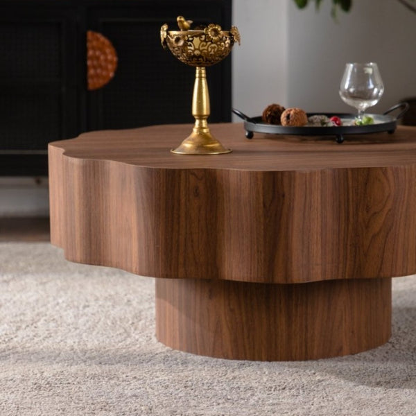 English Elm 31.5" Scalloped Round Coffee Table Walnut Grain Mdf Sculptural Living Room Accent W3158P395511