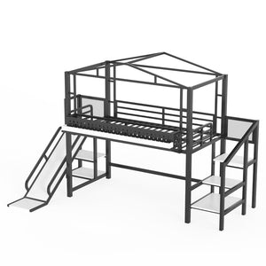 English Elm Twin Metal Loft Bed with Built-in Wardrobe Storage Stairs Led Lights and Usb Ports W5316S00045