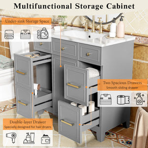 English Elm 36" 36-inch Transitional Bathroom Vanity with Ceramic Basin, Solid Wood Frame, Soft-Close Storage Elegance Grey N729P255663E