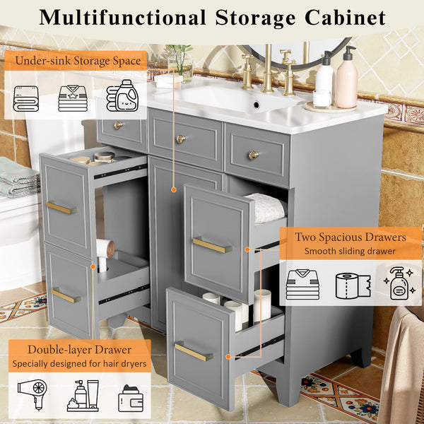 English Elm 36" 36-inch Transitional Bathroom Vanity with Ceramic Basin, Solid Wood Frame, Soft-Close Storage Elegance Grey N729P255663E