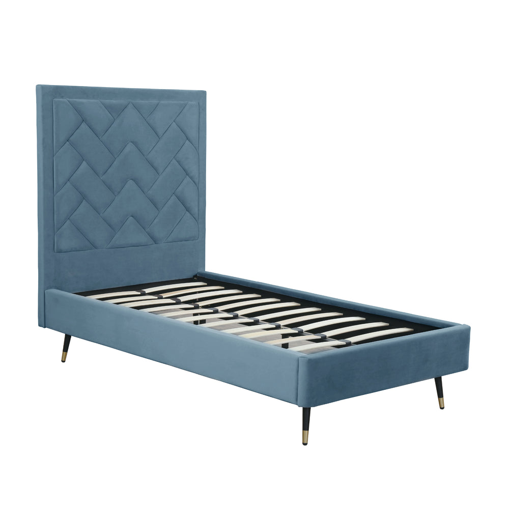English Elm Crosby Twin Upholstered Velvet Bed with Chevron Stitched Headboard, Solid Slats, No Box Spring Needed Blue B365S00042