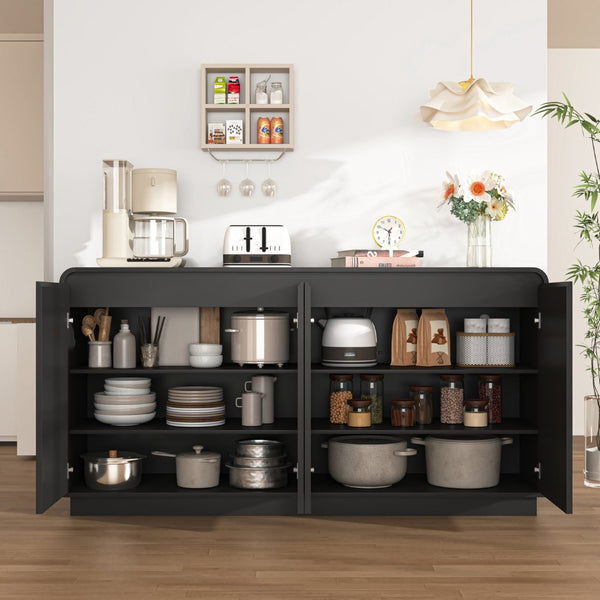 English Elm Black Fluted Wave Door Media Console with Built-in Power Outlet and Adjustable Shelving Black W409P452057