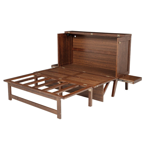 English Elm Full Size Pine Cabinet Murphy Bed with Usb Charging Side Shelves for Guest Rooms W504S00221