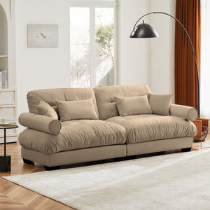 English Elm Large Velvet Two-Seater Sofa with Bolstered Armrests, Cloud-Like Cushions and Waist Pillows for Stylish Comfort and Modern Living Spaces Camel W714S00863