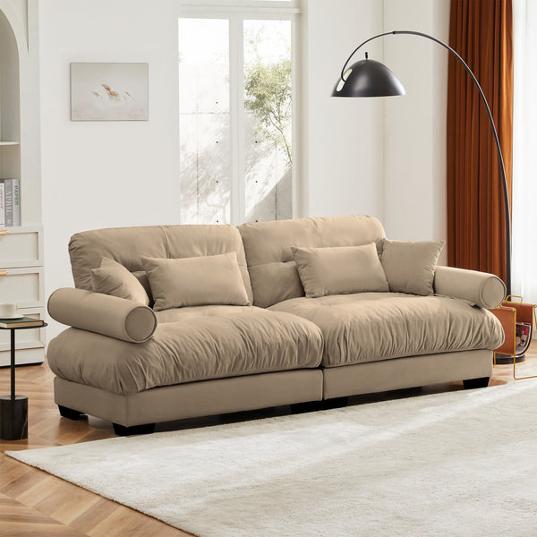 English Elm Large Velvet Two-Seater Sofa with Bolstered Armrests, Cloud-Like Cushions and Waist Pillows for Stylish Comfort and Modern Living Spaces Camel W714S00863