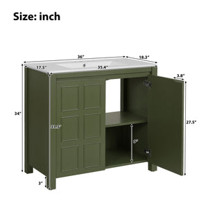 English Elm 36" Bathroom Vanity Organizer with Ceramic Sink, Solid Wood Distressed Finish, Hand-Painted Charm and Ample Storage Olive Green N729P255666F