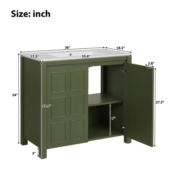 English Elm 36" Bathroom Vanity Organizer with Ceramic Sink, Solid Wood Distressed Finish, Hand-Painted Charm and Ample Storage Olive Green N729P255666F